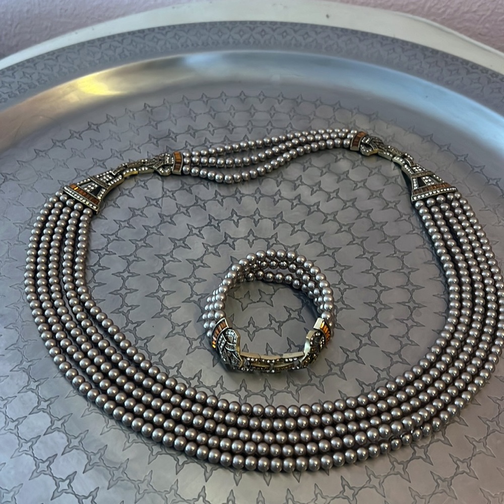 Heidi Daus art deco necklace bracelet set. Gold pearl and amber diamond clasps. - Picture 5 of 11